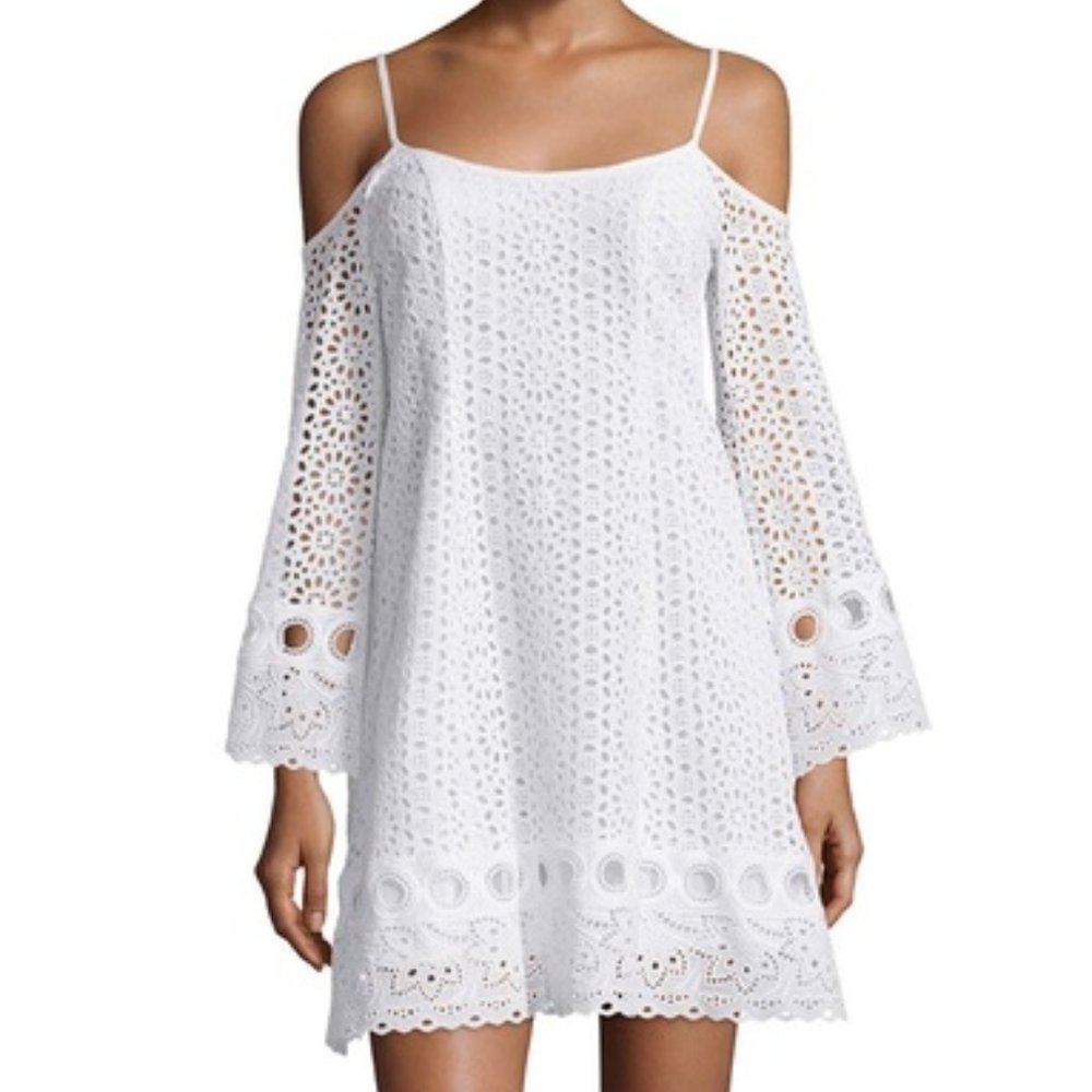 Nanette LEPORE angel sleeve eyelet lace mini dress 60s crisp white strappy sz 4